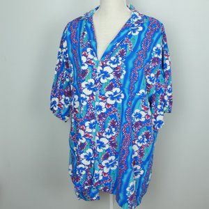 Koko Blue and Pink Hawaiian Button Up Collared Top Shirt Tropical Beach XXL
